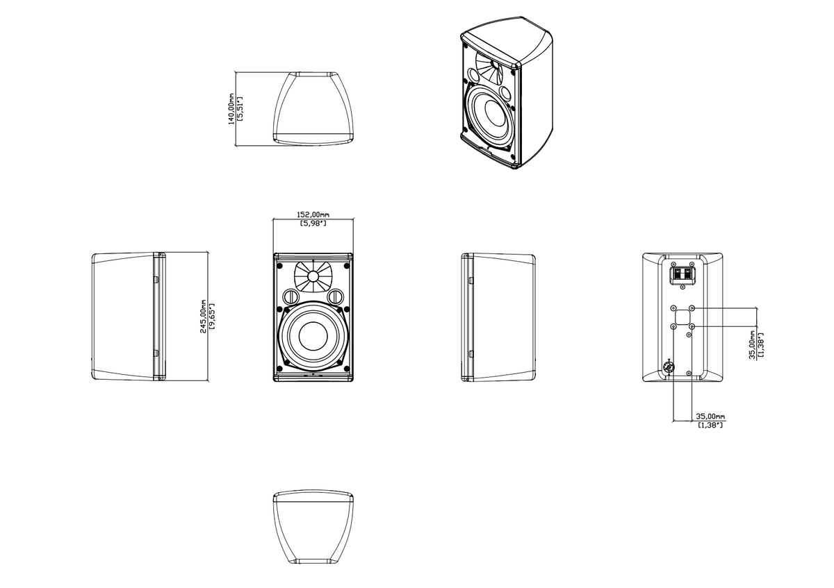 Technical drawing for A55TB - 5.25" Passive Two-way on-wall Loudspeaker with 70/100V Transformer