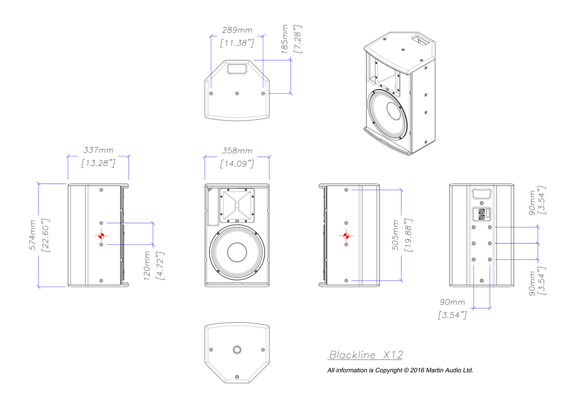 Technical drawing for X12B - 12" Passive Two-way Portable Loudspeaker