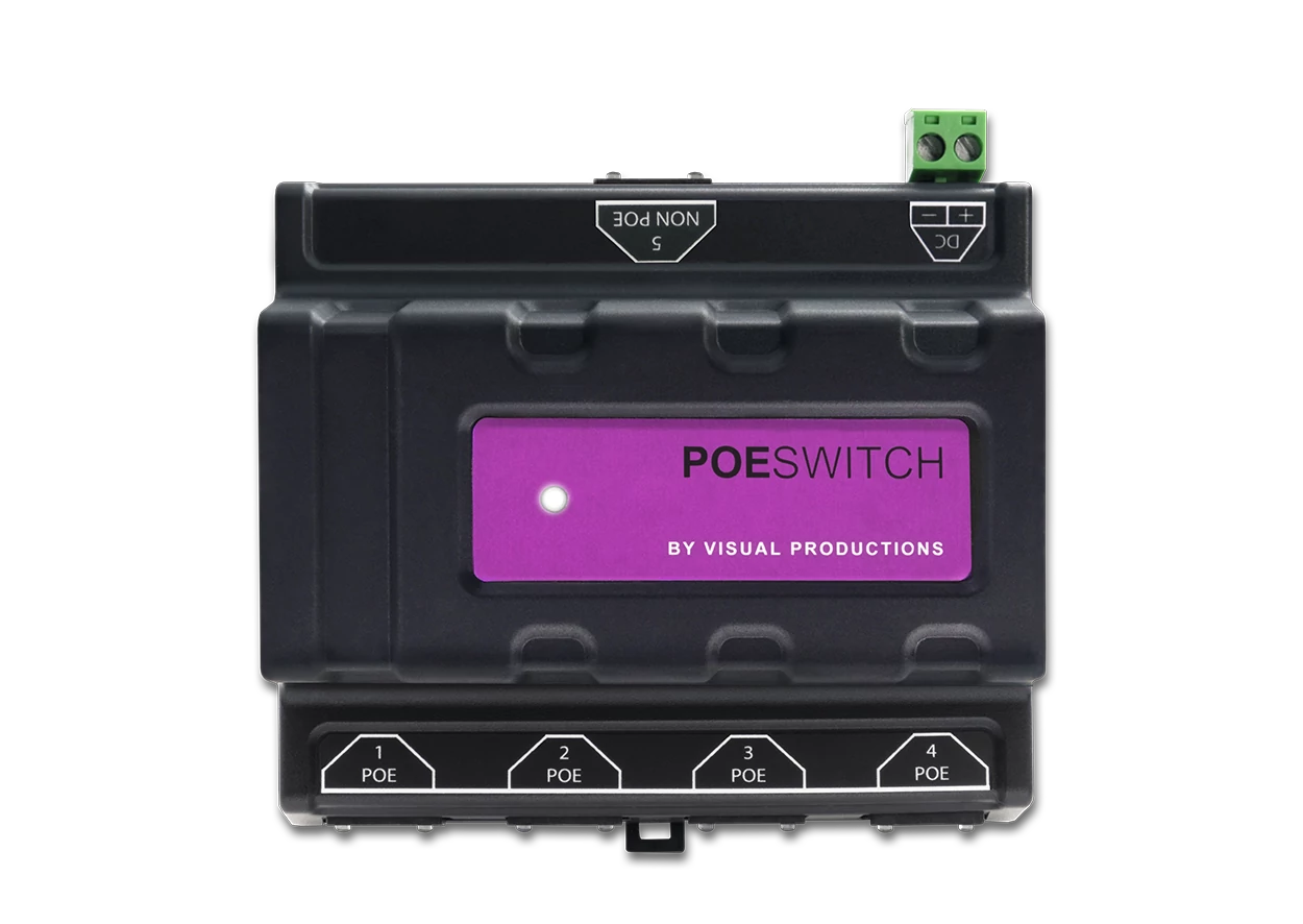PoeSwitch - 4-port PoE network switch with 1Gbps uplink - The PoeSwitch is a unmanaged network switch with 4
                    Power-over-Ethernet ports. It's the perfect companion for
                    connecting and powering Visual Productions lighting
                    controllers in a small to medium size lighting control
                    syst